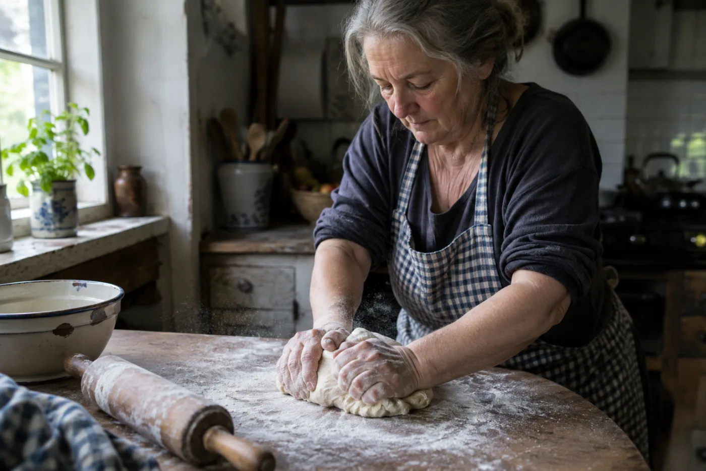Woman kneading dough at a flour-covered kitchen counter