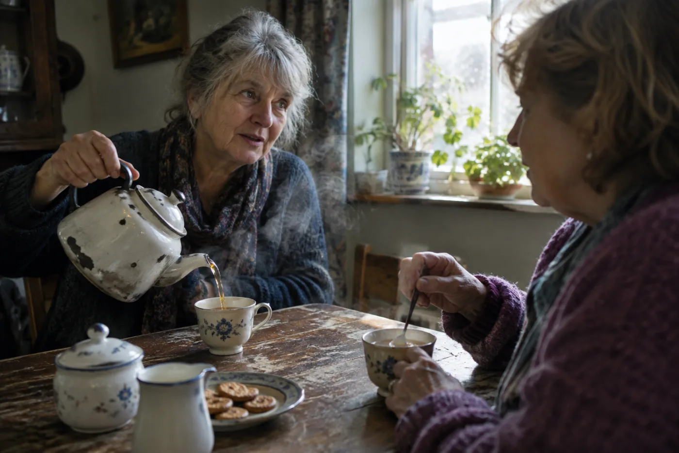 Two women pouring and stirring tea while talking at a small table