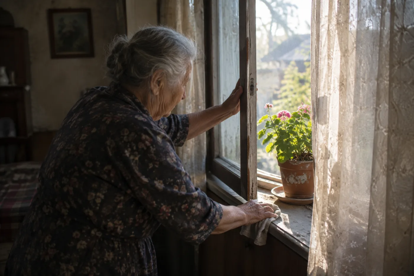 Woman opening a window and wiping the dusty sill in morning light
