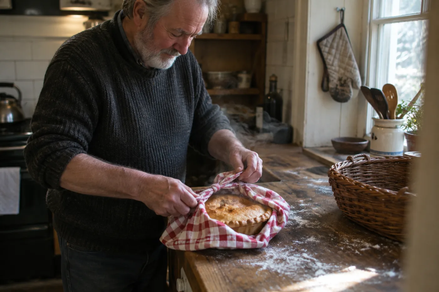Man wrapping a freshly baked pie to take to a family member