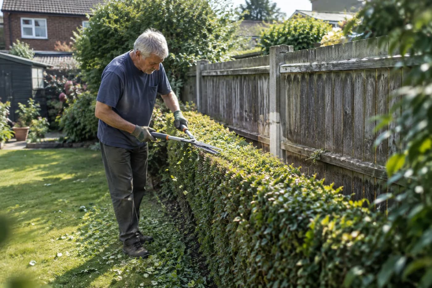 Man trimming a hedge along a clear boundary line in his garden