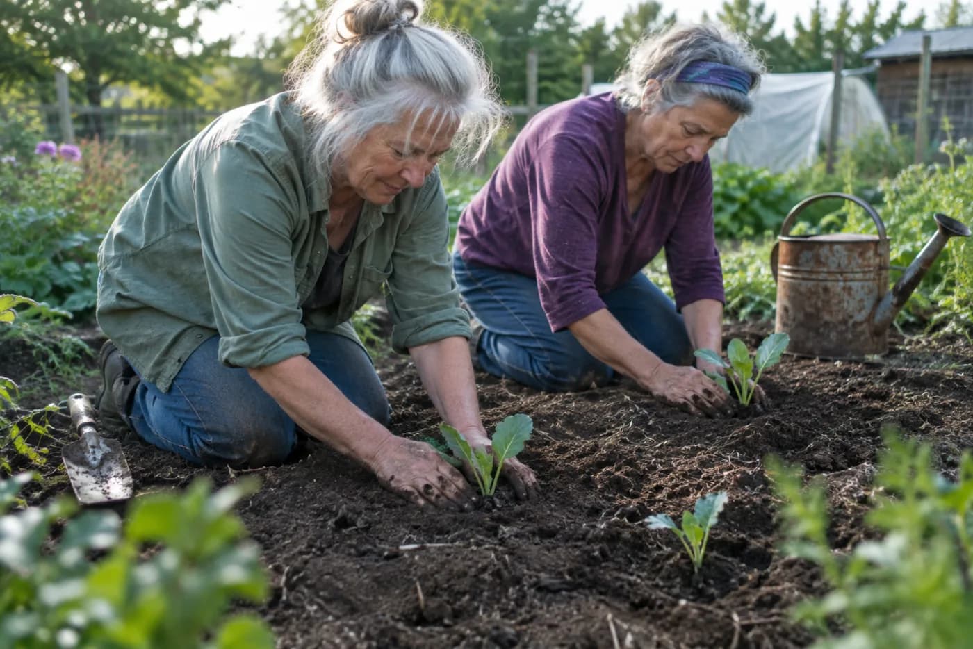Two women planting seedlings together in a community garden