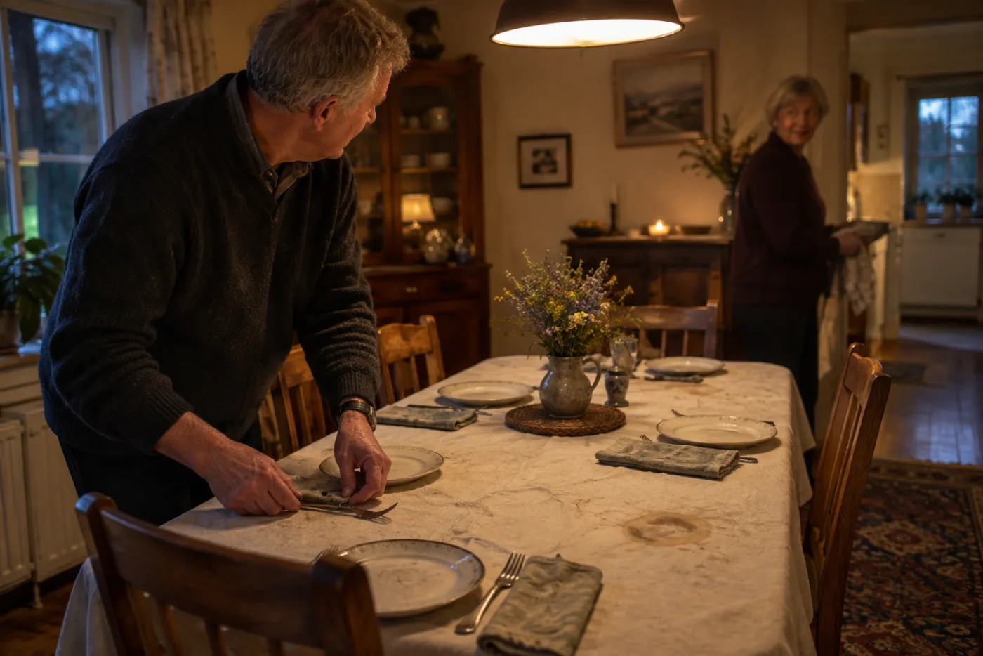 Man setting the dinner table while glancing toward his wife nearby