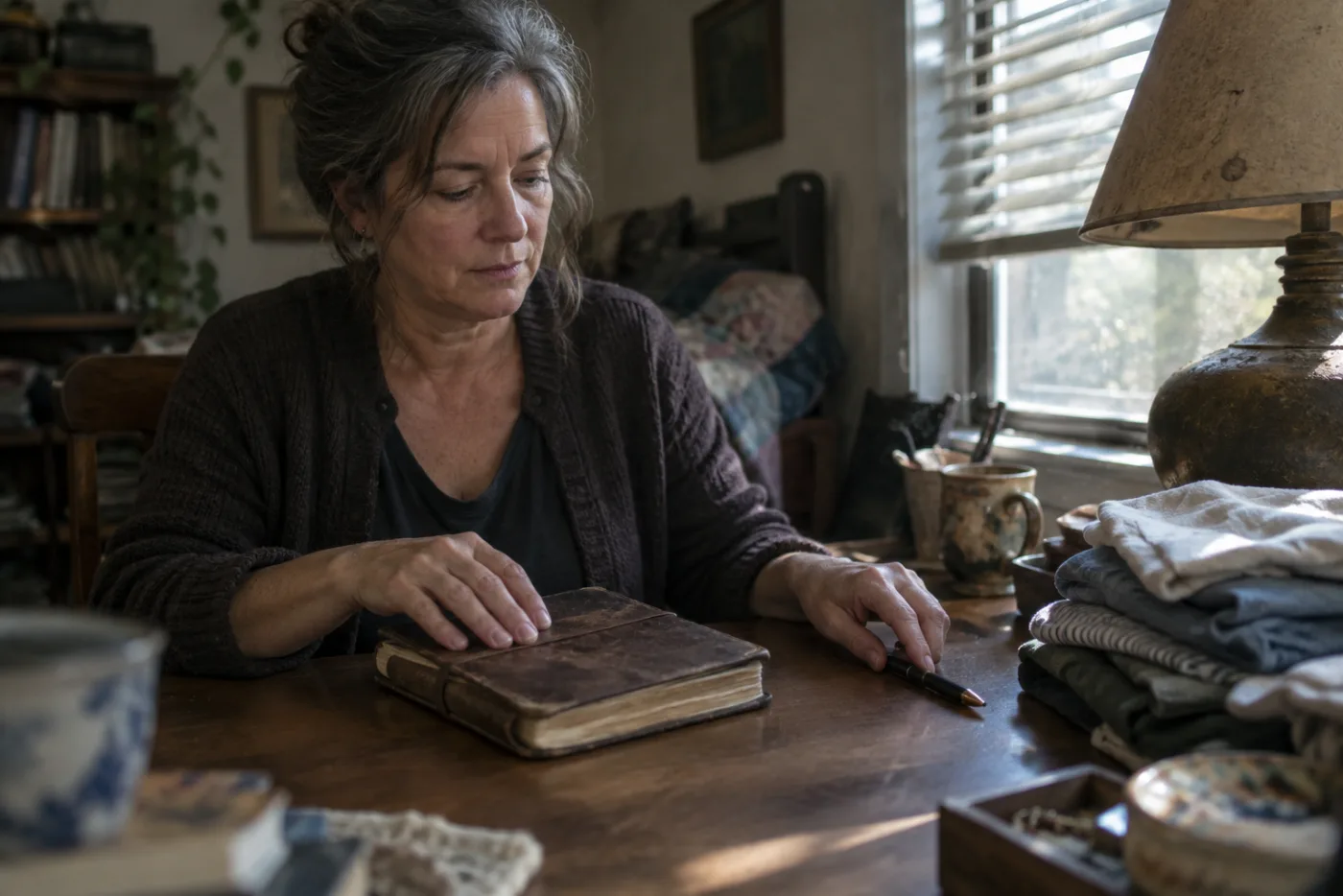 Woman closing a journal on a desk beside folded laundry