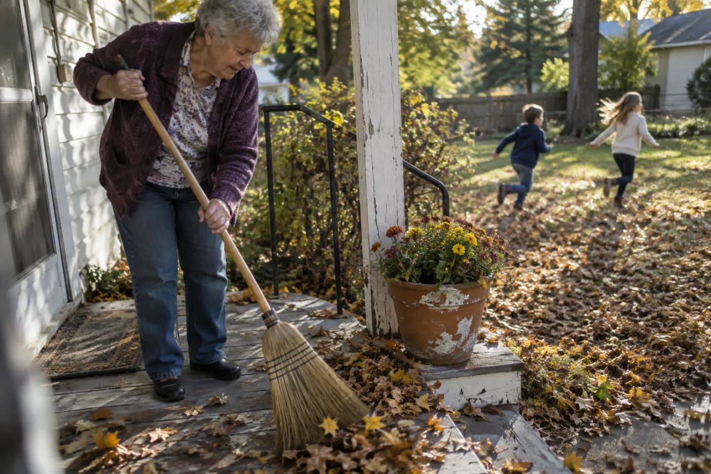 Grandmother sweeping a porch while grandchildren play in the yard