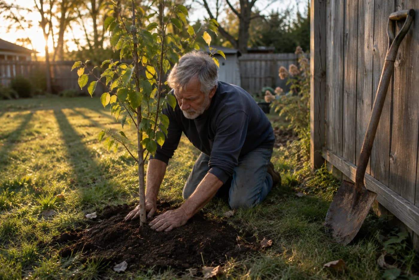 Man planting a young tree and patting down soil in his backyard