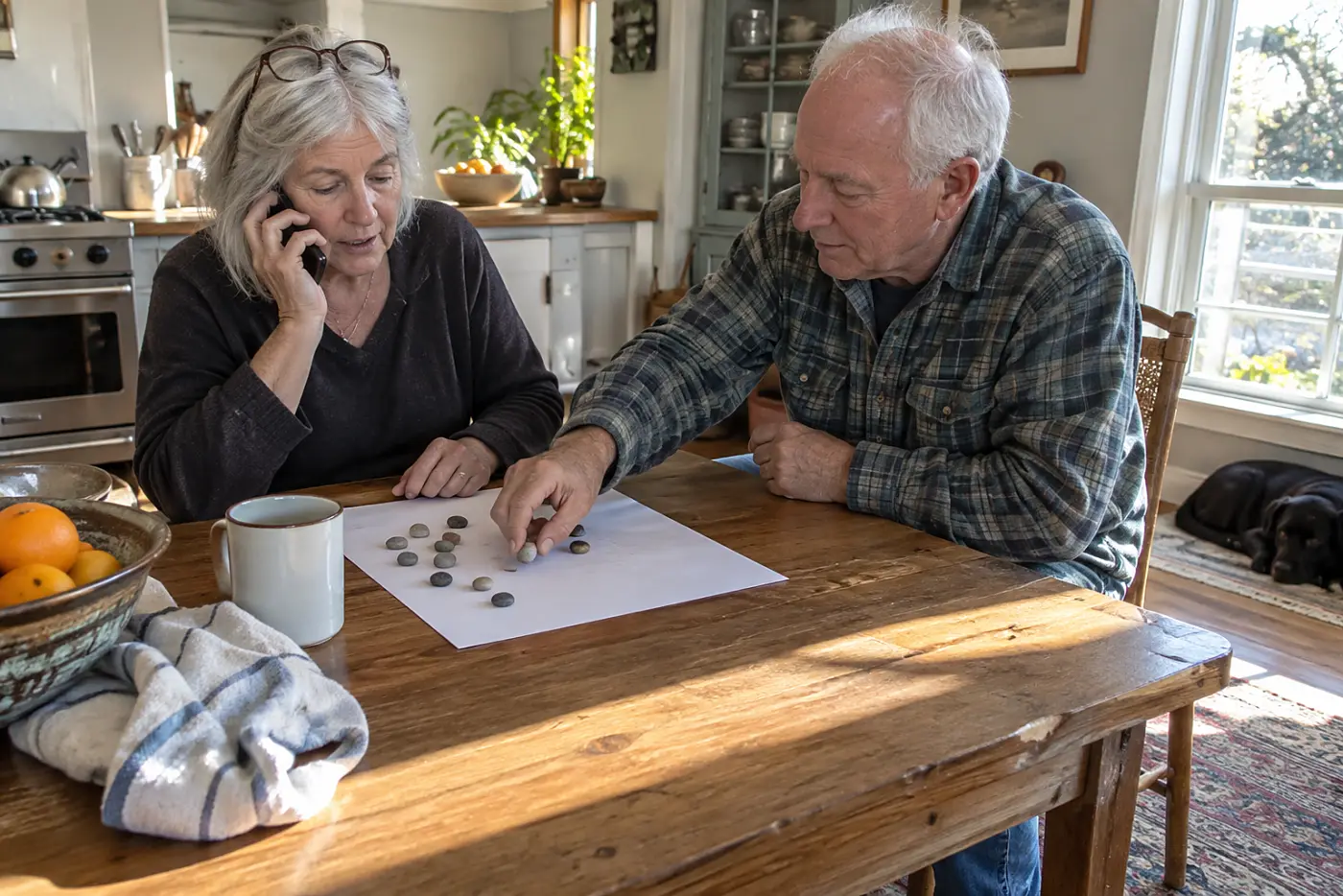 Older woman calling a friend at her kitchen table while looking at a handwritten list of names.
