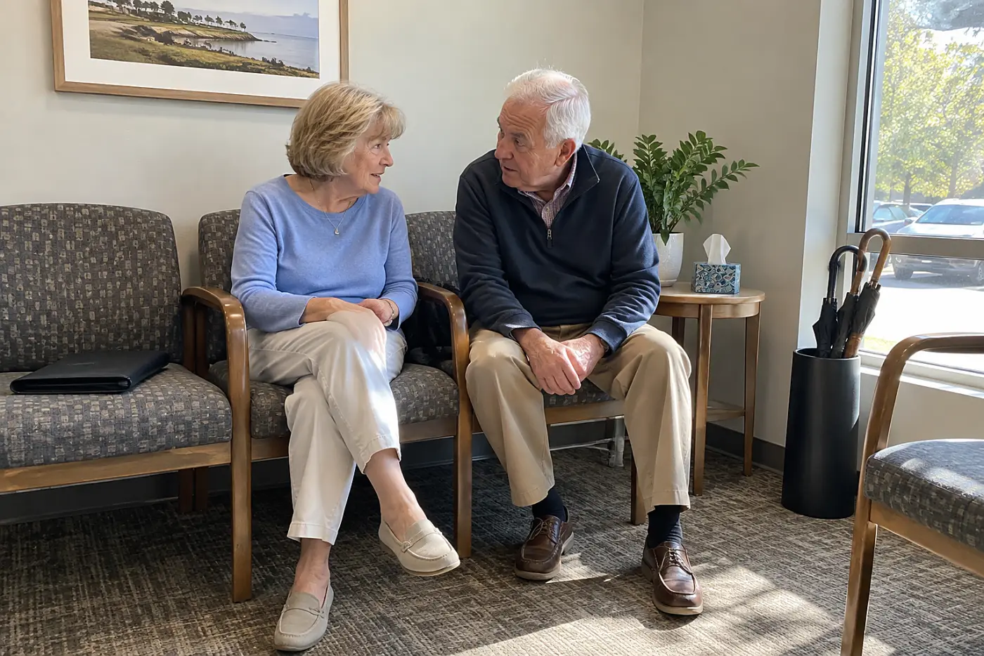 Older woman sitting beside a friend in a clinic waiting room.