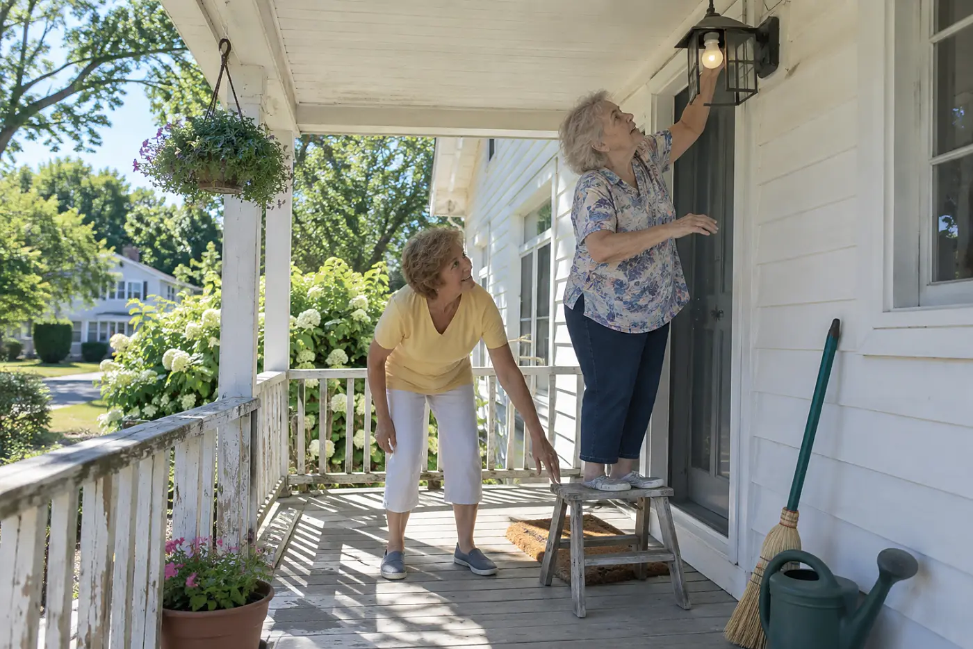 Older woman watching a friend replace a porch light bulb.
