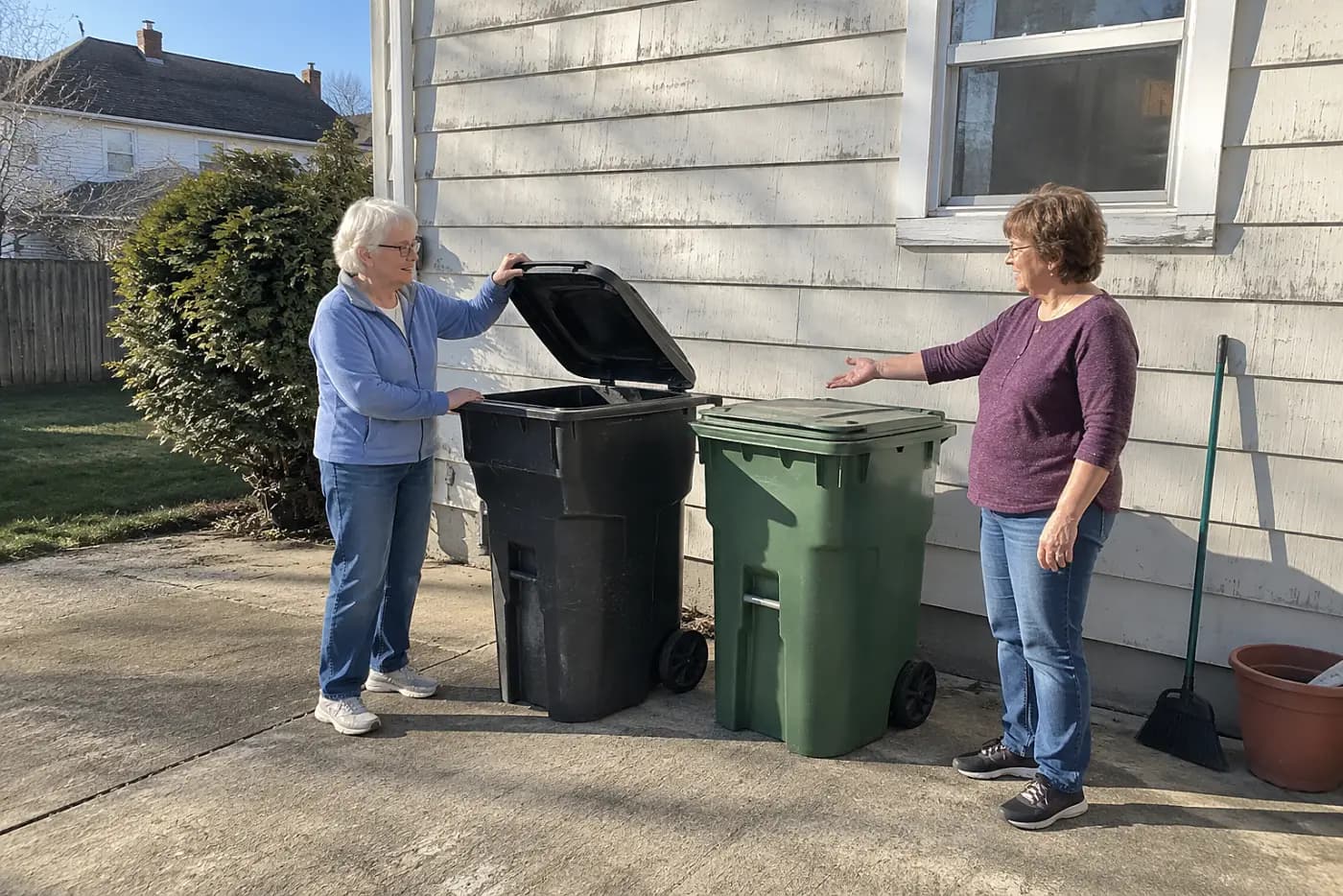 Older woman showing a friend the trash cans beside her house.
