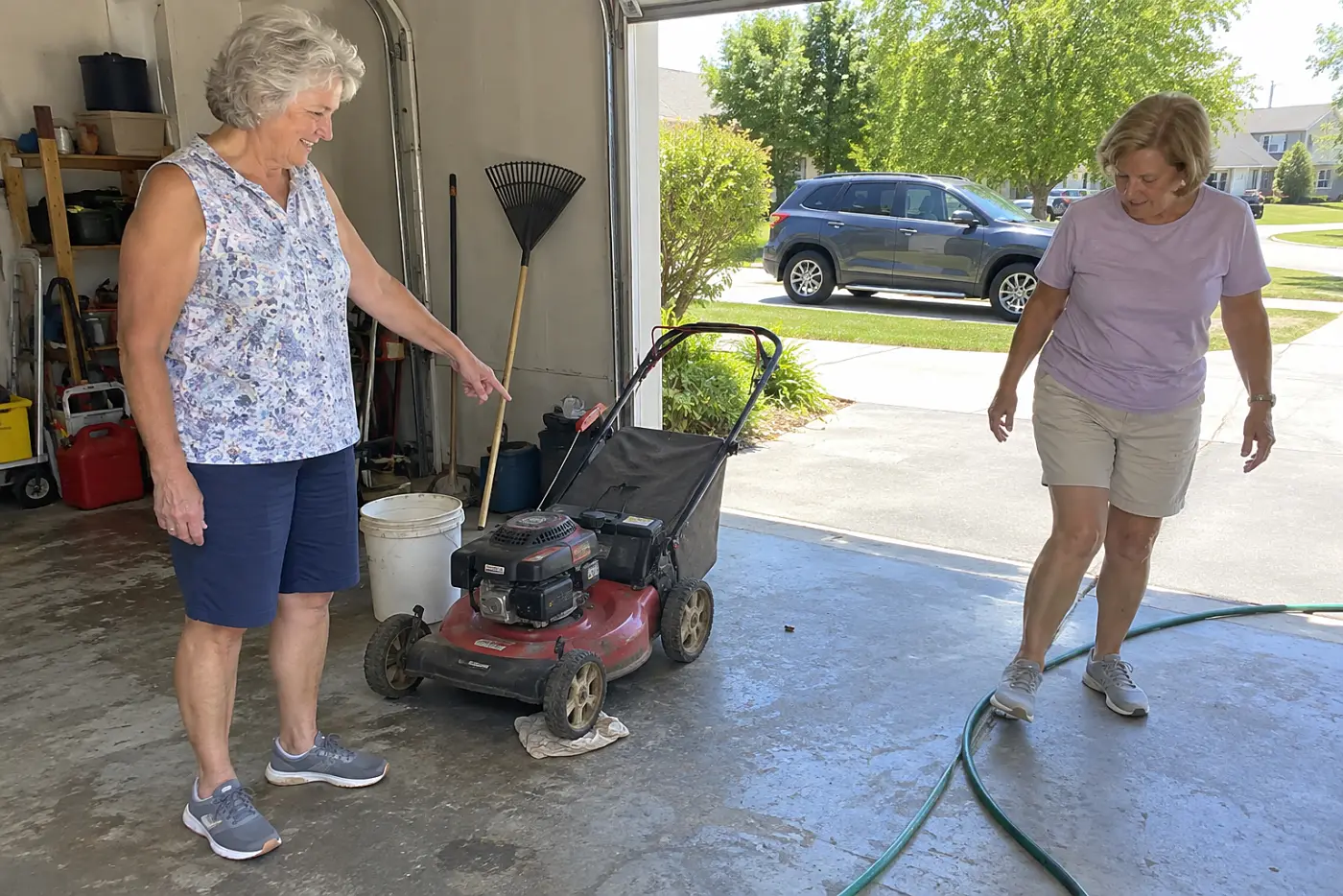 Older woman pointing out a lawn mower to a friend in her garage.