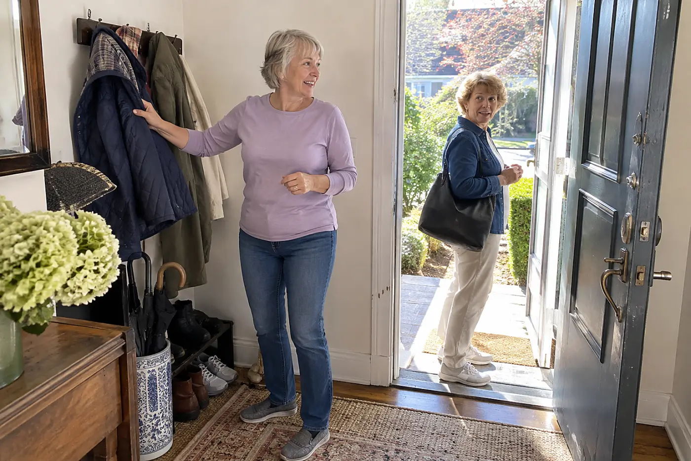 Older woman touching a jacket hanging by her front door.