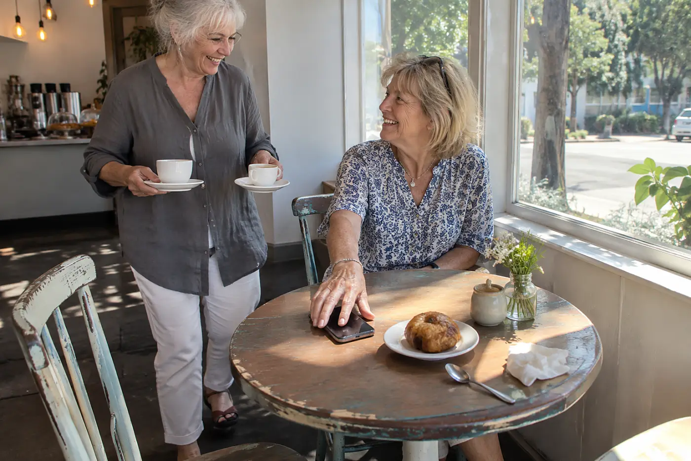 Older woman putting her phone facedown on a cafe table.