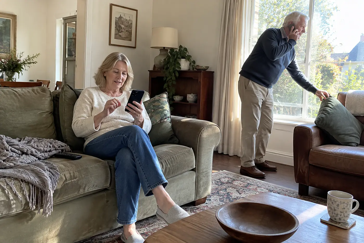 Older woman reading an invitation on her phone in her living room.