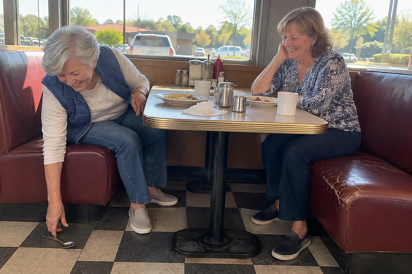 Older woman sitting with a friend at a diner table.