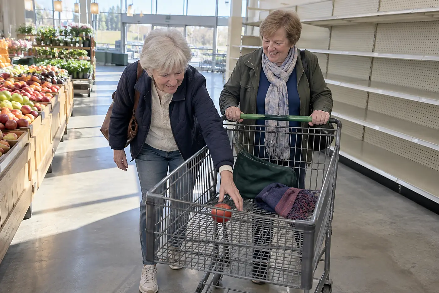 Older woman pushing a grocery cart beside a friend at a supermarket.