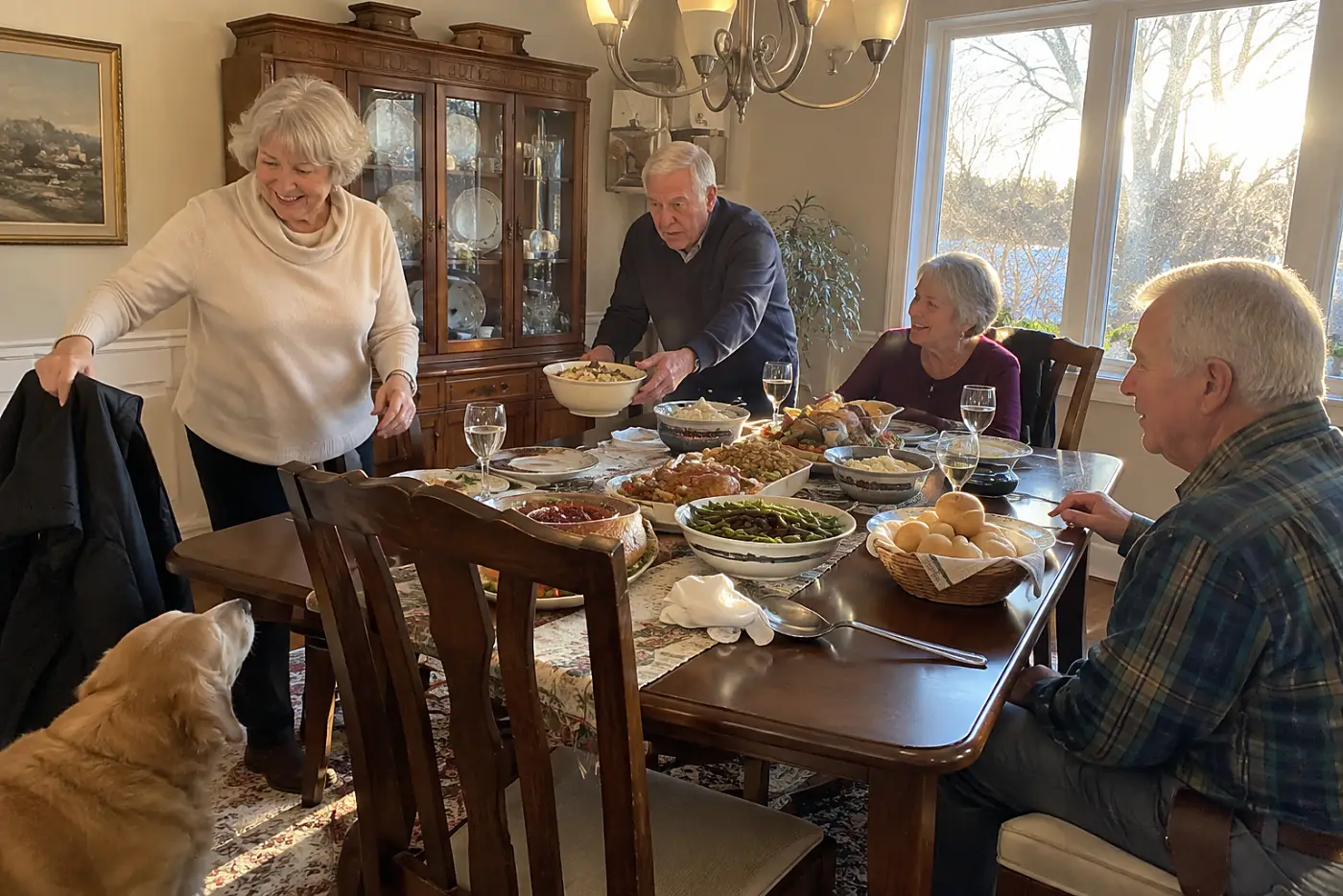 Older woman picking up her coat beside a holiday dinner table.