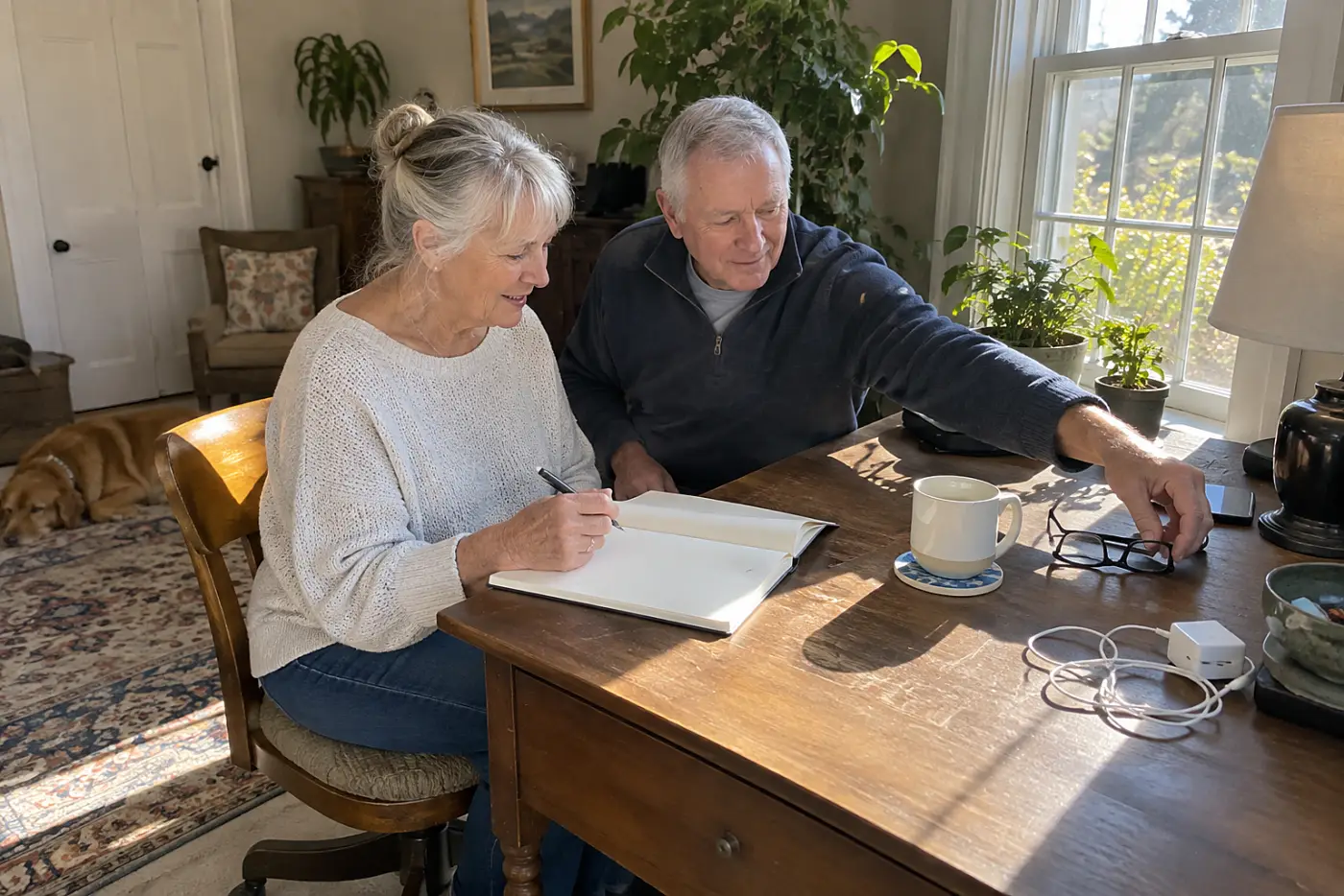 Older woman writing an anniversary date in a notebook at her desk.