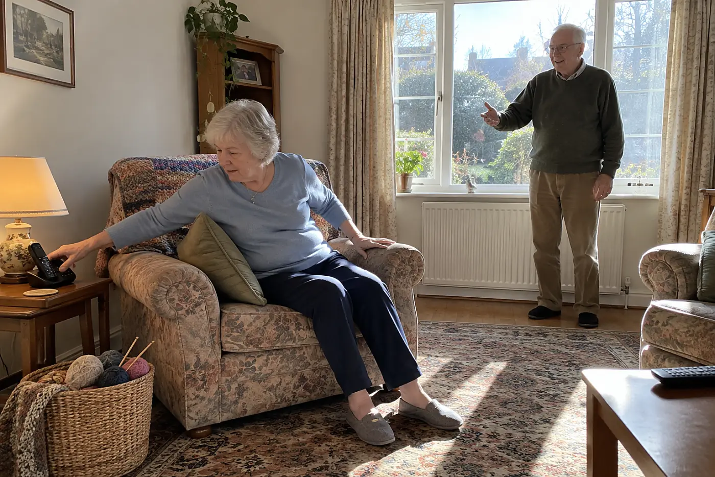 Older woman answering her phone beside a lit lamp in her living room.