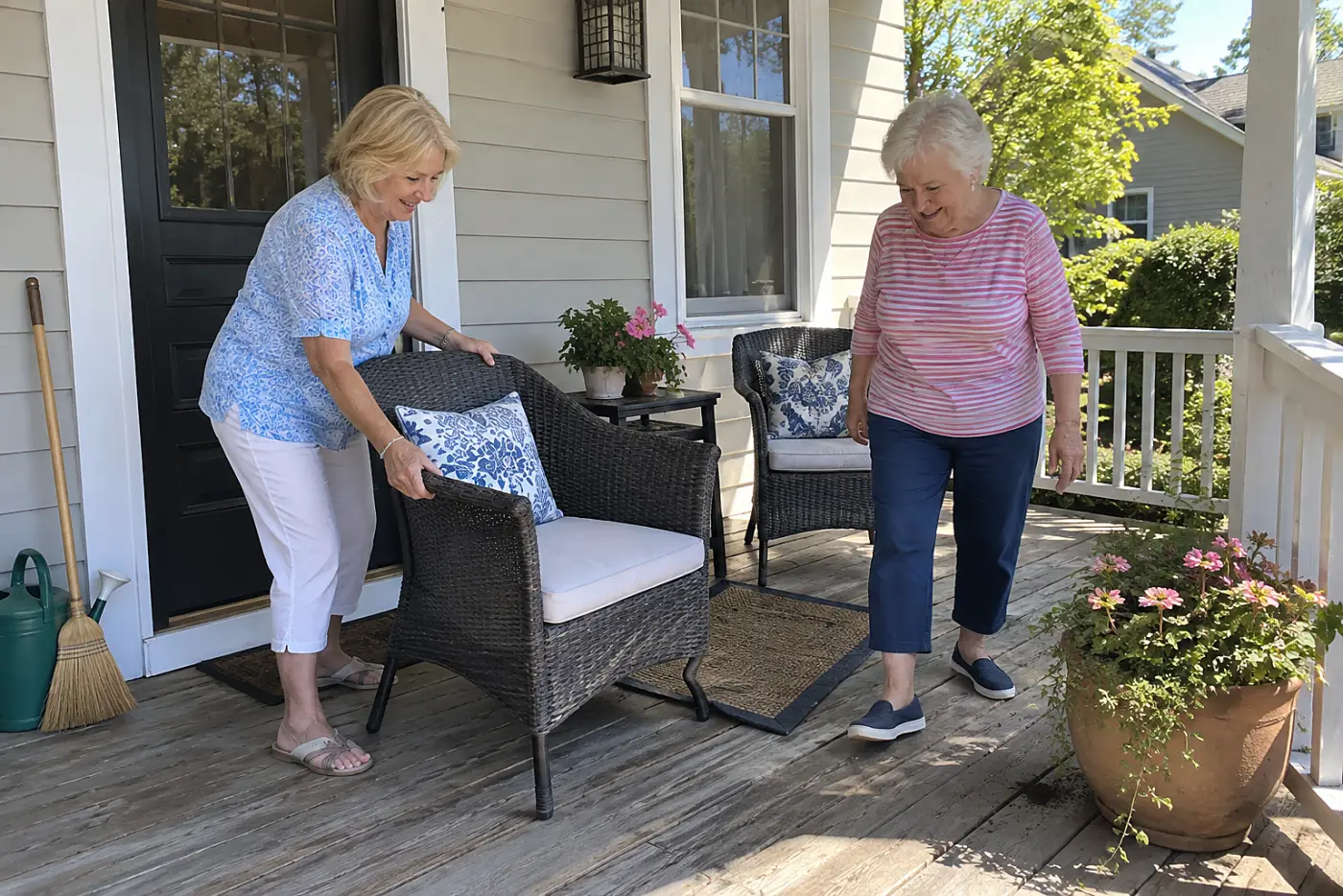 Older woman setting two chairs on her front porch.