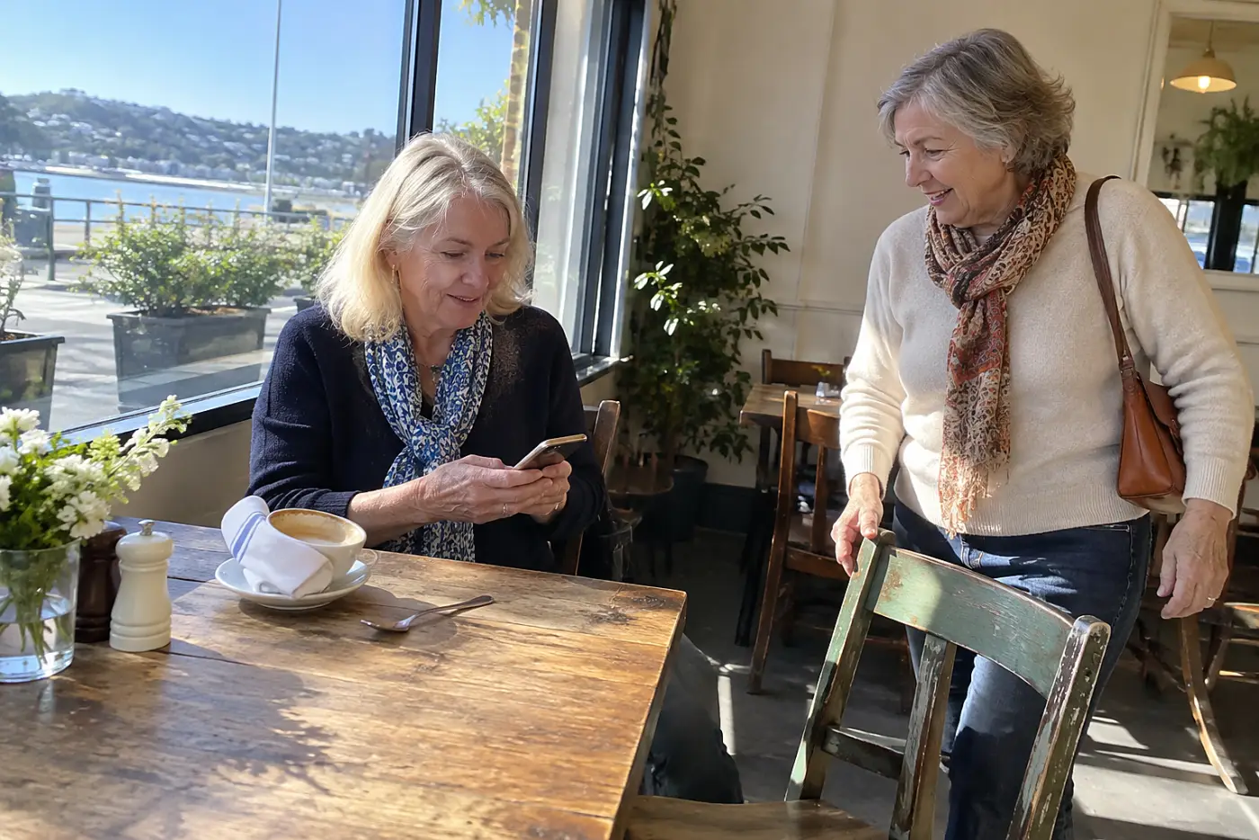 Older woman checking her phone calendar at a cafe table.