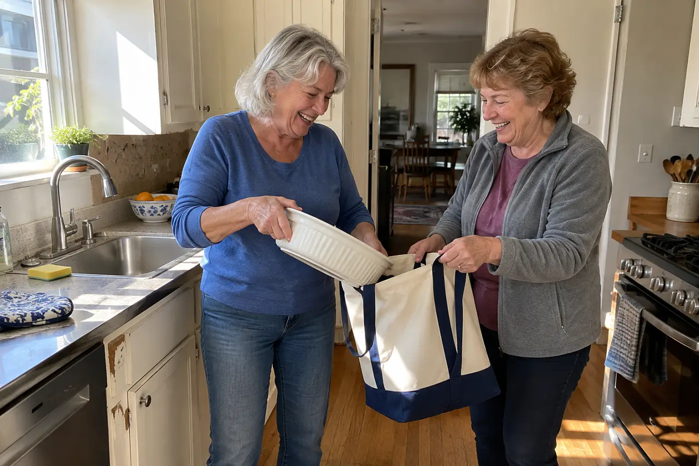 Older woman placing a washed casserole dish into a tote bag in her kitchen.