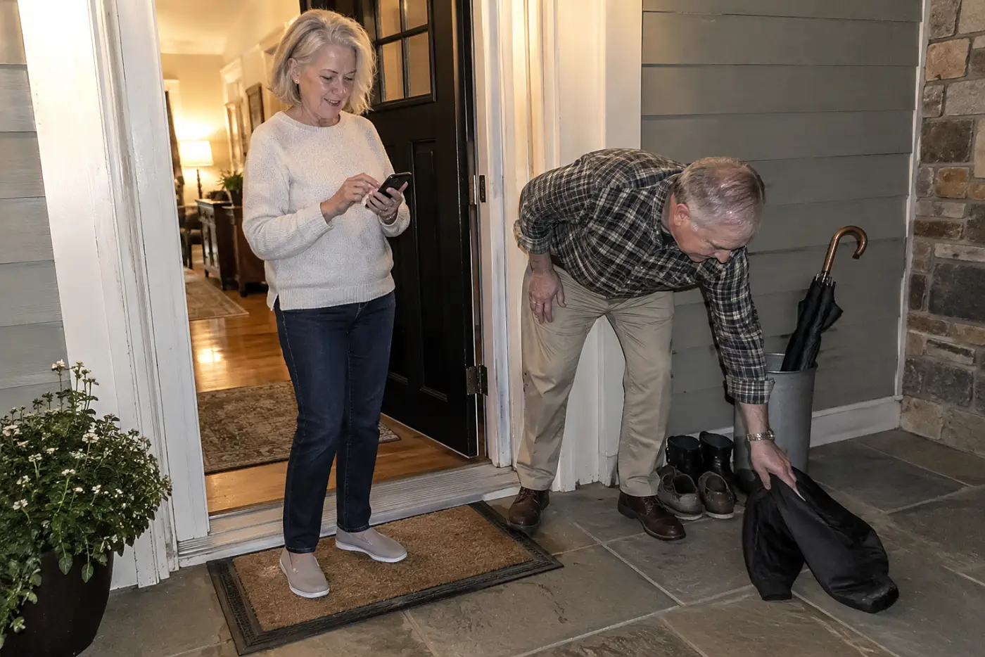 Older woman reading a text beside her front door after dinner.