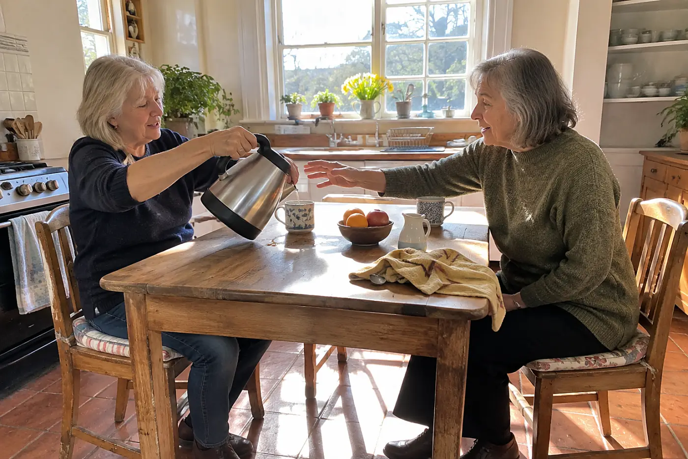 Older woman talking with a friend across a kitchen table.