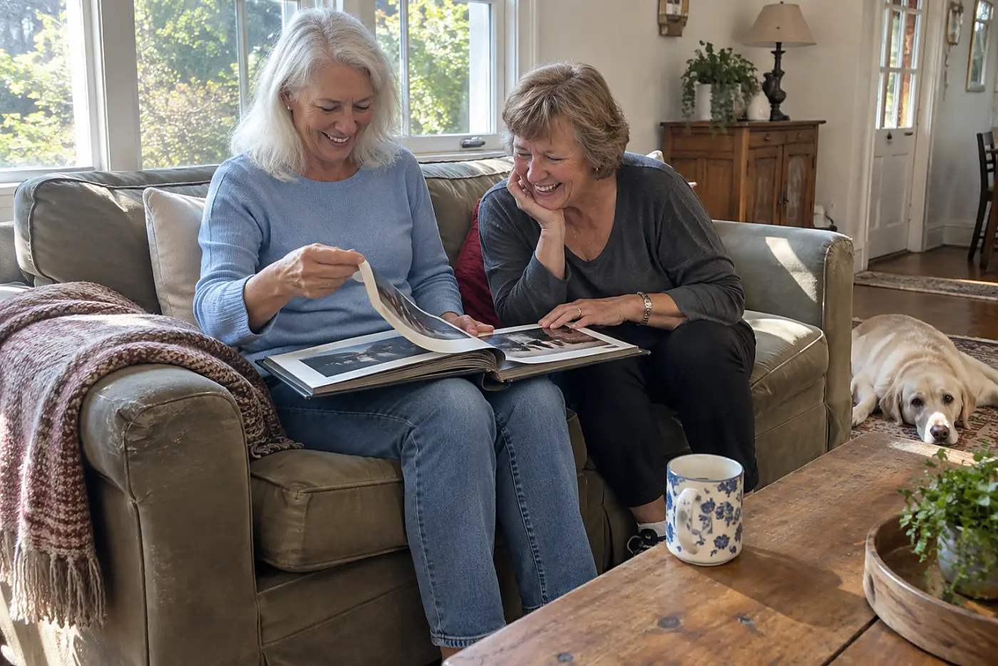 Older woman sharing a photo album with a friend on her sofa.