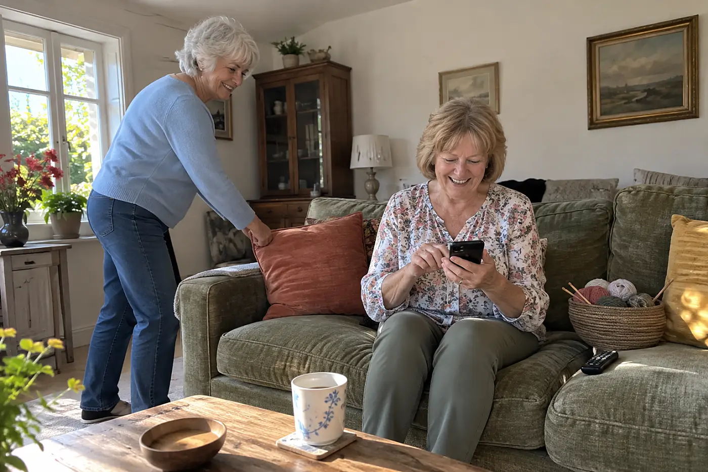 Older woman reviewing a photo tag on her phone at home.