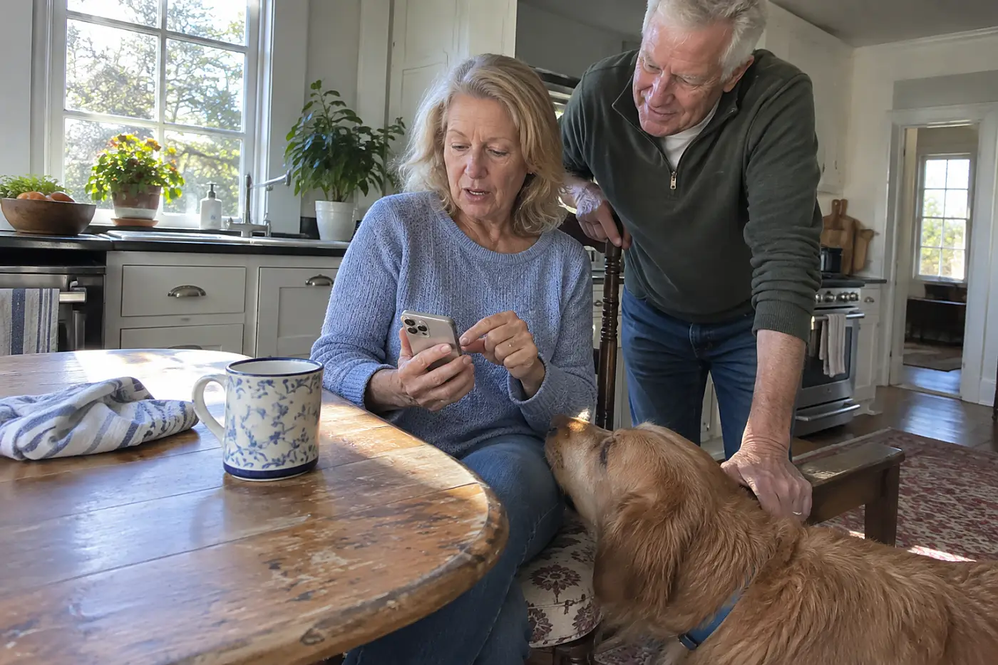 Older woman typing a reply to a group text at her kitchen table.