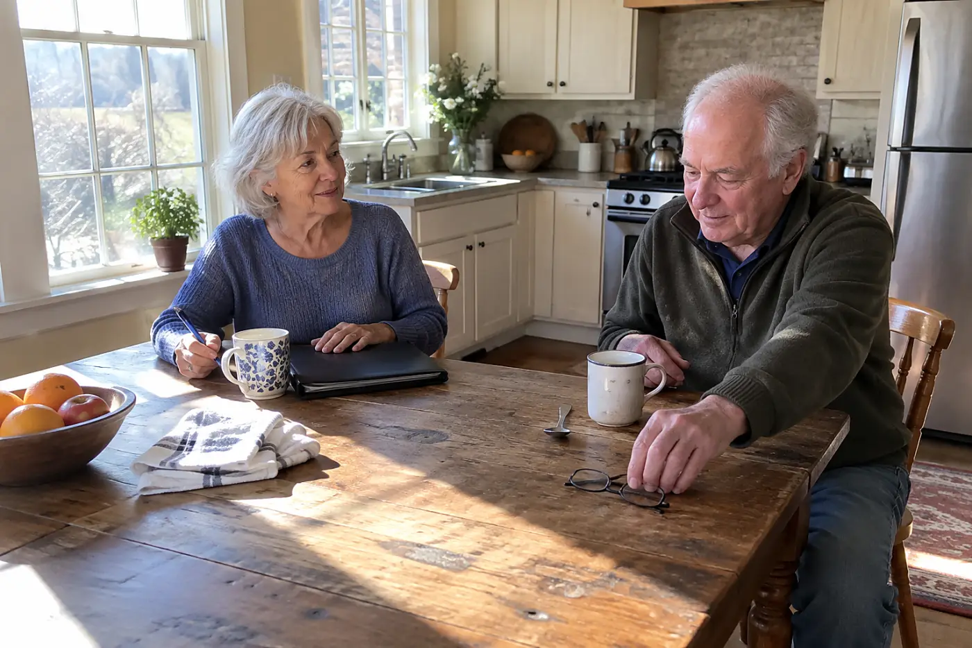 Older woman writing a reading afternoon into a paper calendar at home.