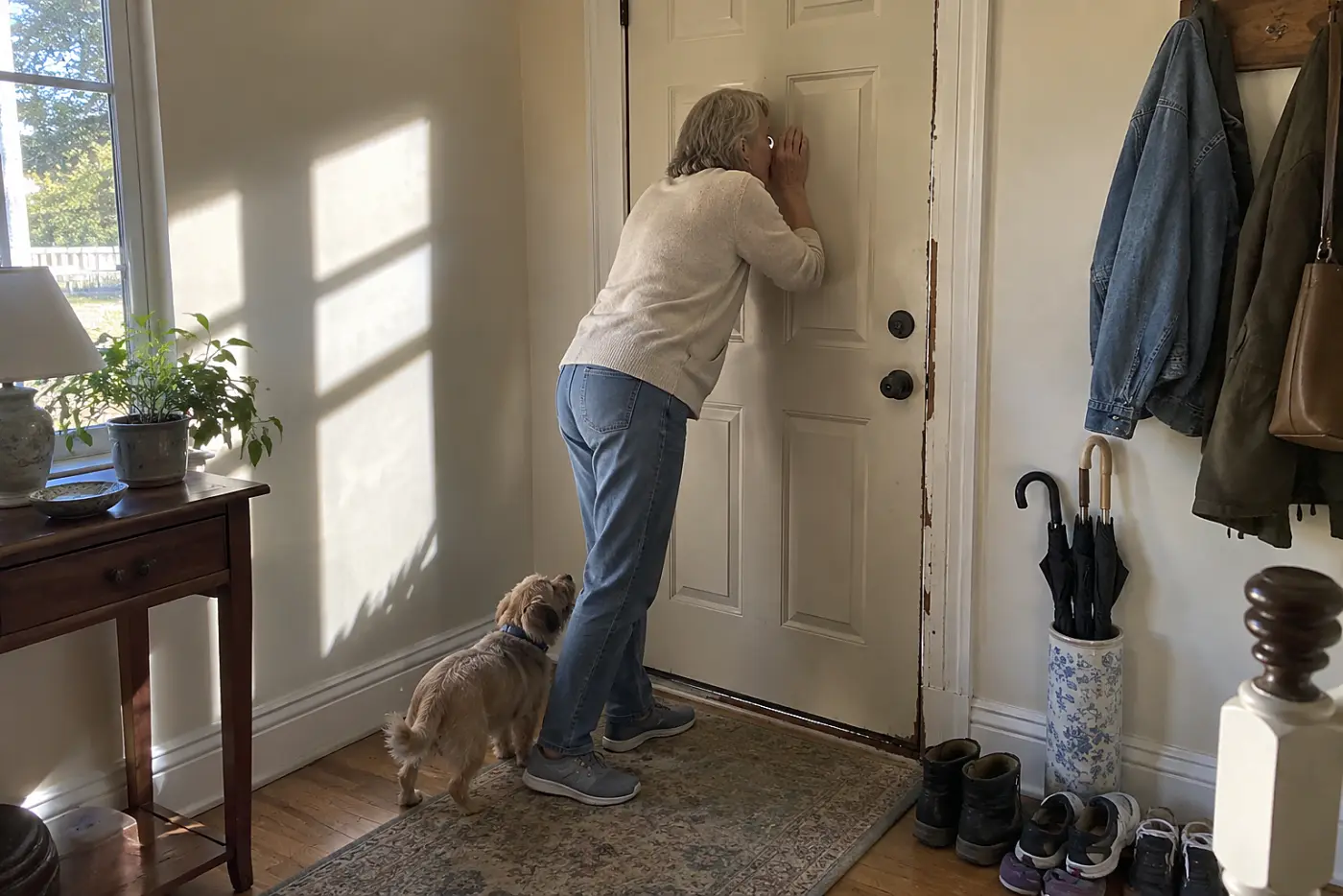 Older woman looking through the peephole of her front door.