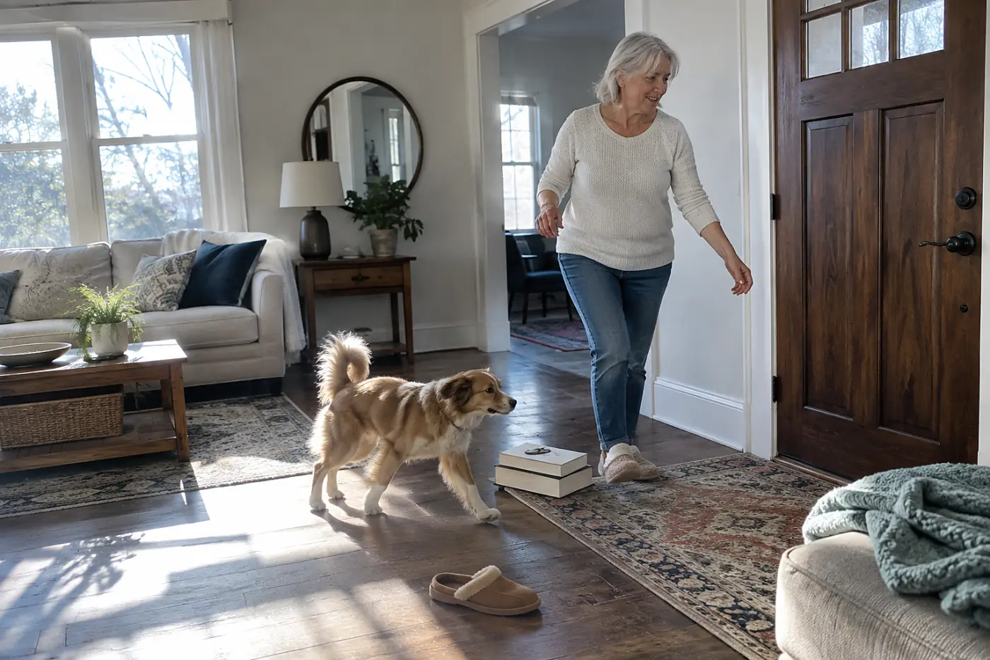 Older woman stepping around a stack of books to answer her front door.
