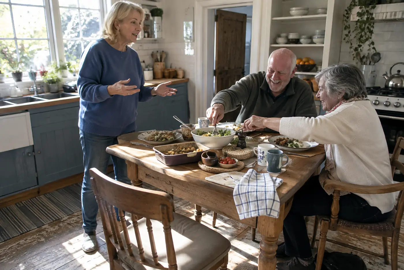 Older woman talking with relatives around a kitchen table.
