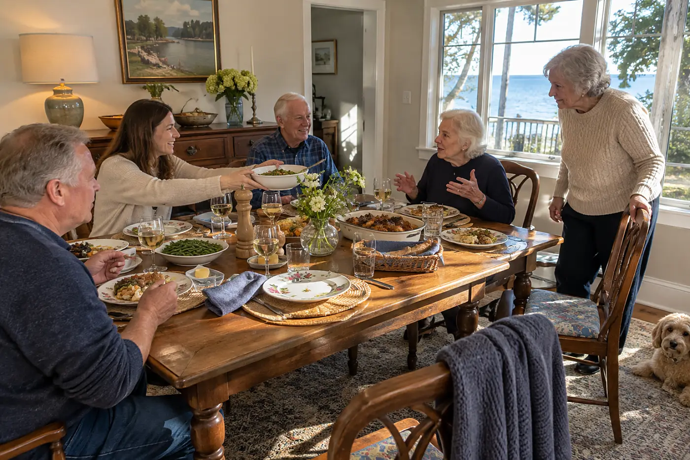 Older woman speaking while another guest pauses at a dinner table.