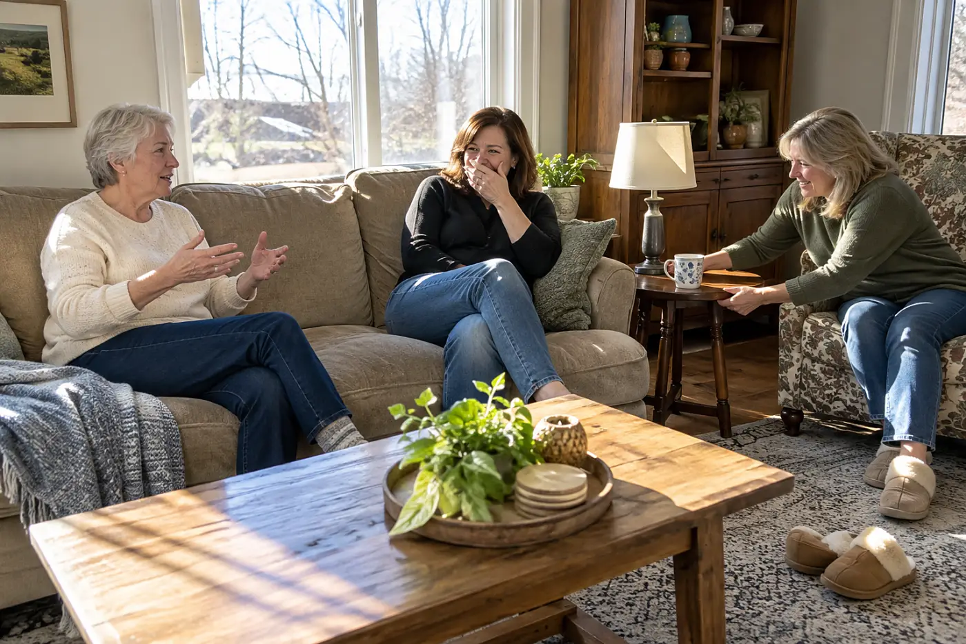 Older woman speaking to friends gathered in her living room.