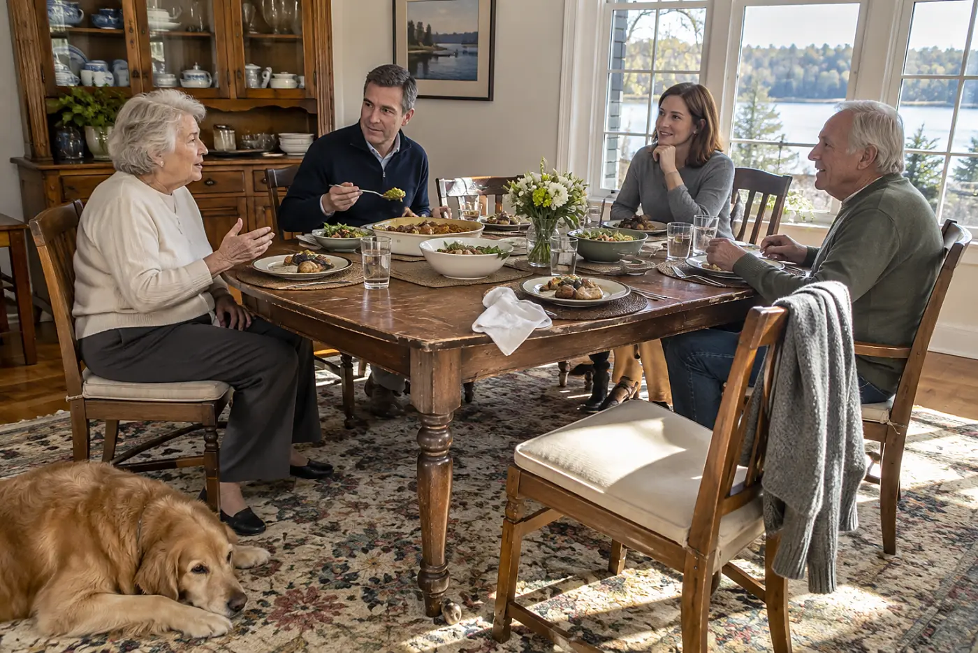 Older woman answering a question at a family dinner table.