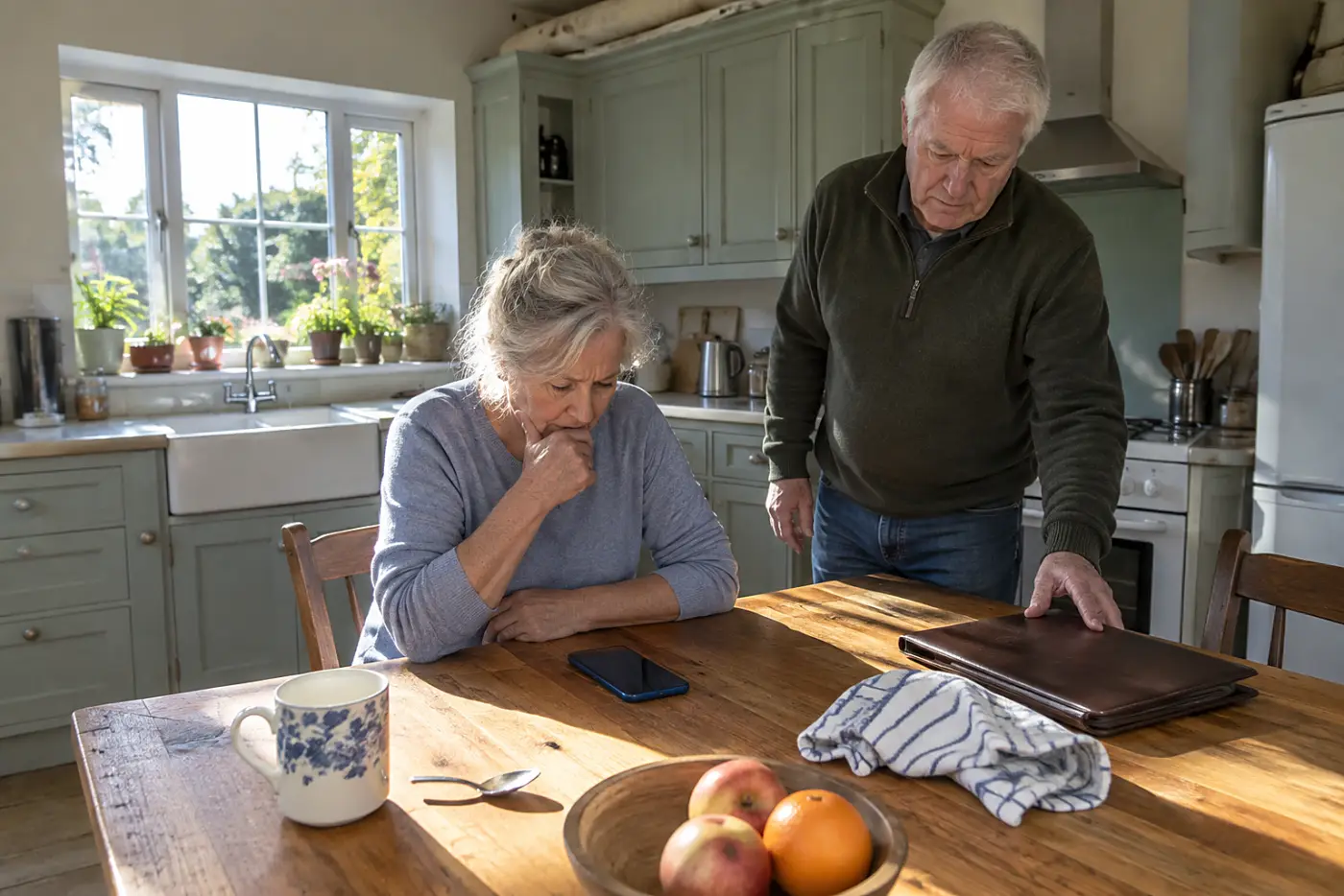 Older woman checking account contact details at her kitchen table.