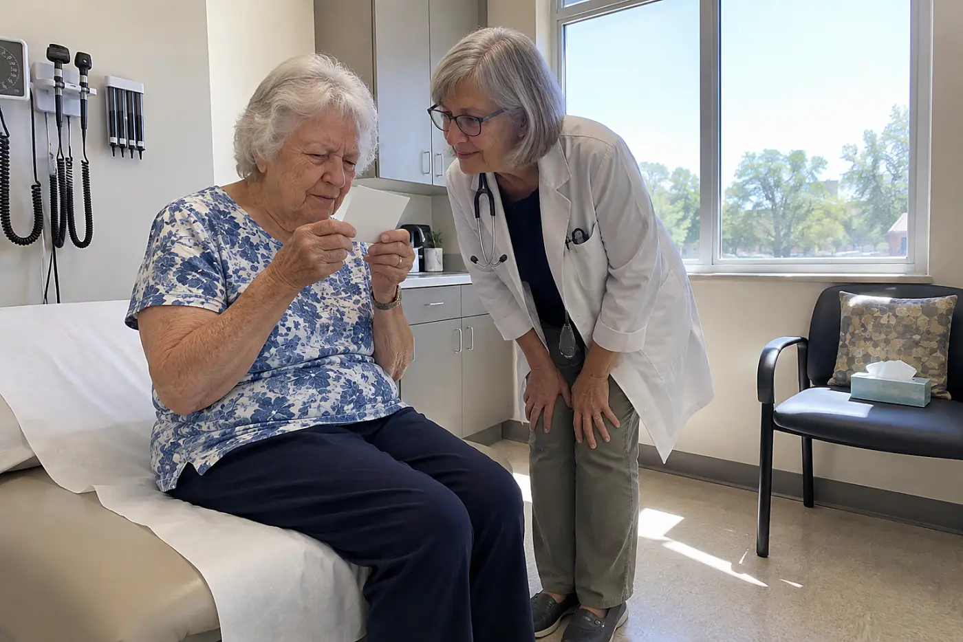 Older woman reading from a small card in an exam room.