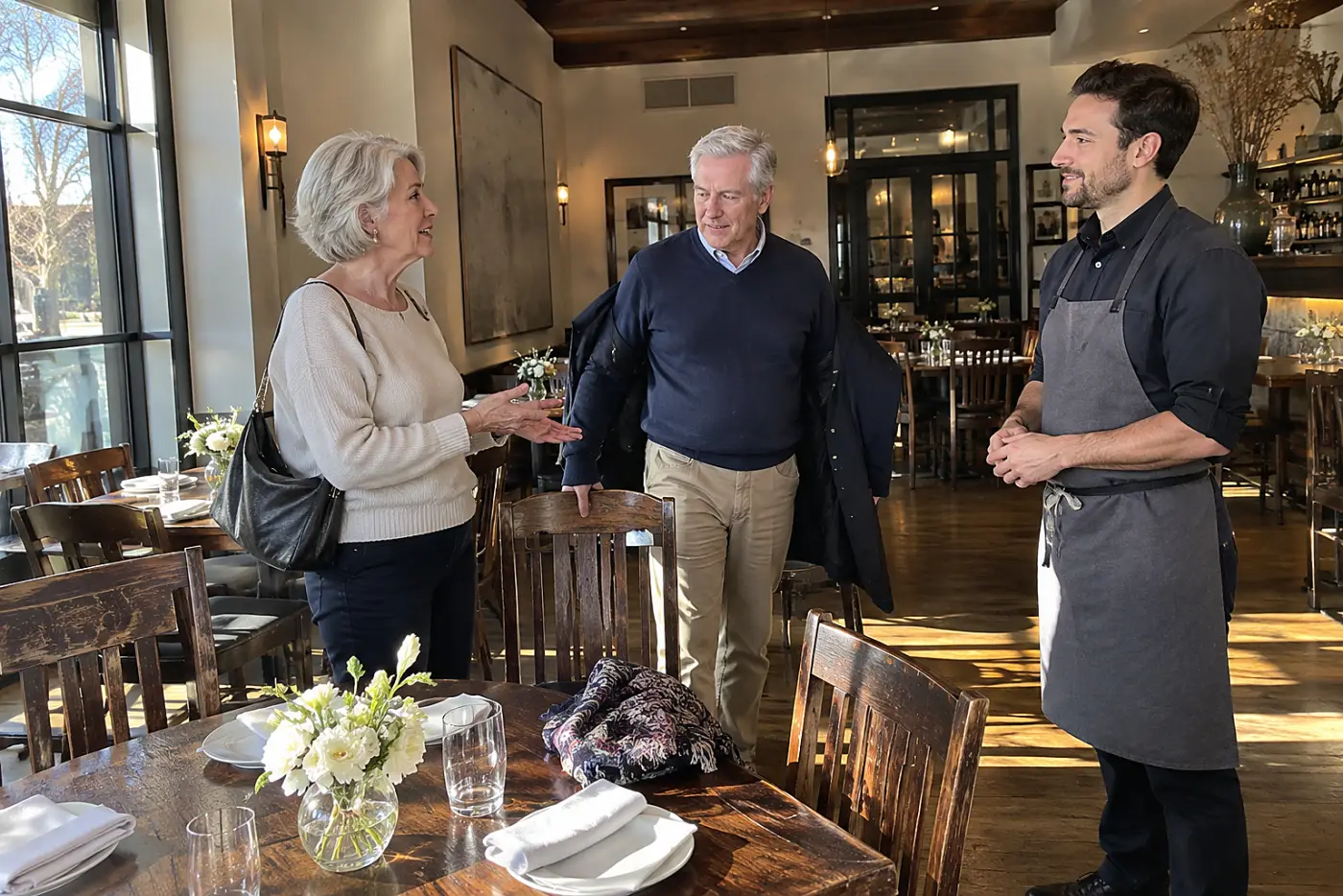 Older woman speaking to a host beside a restaurant table.