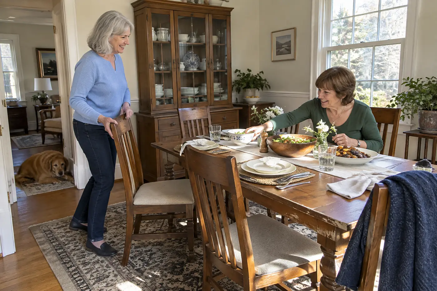 Older woman choosing a chair near the middle of a dining table.