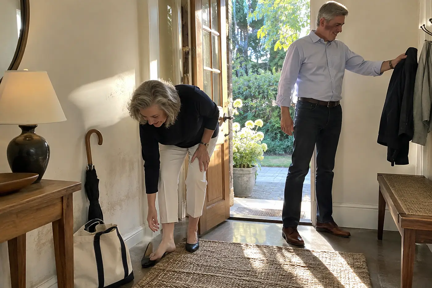 Older woman checking her shoes before leaving for dinner.
