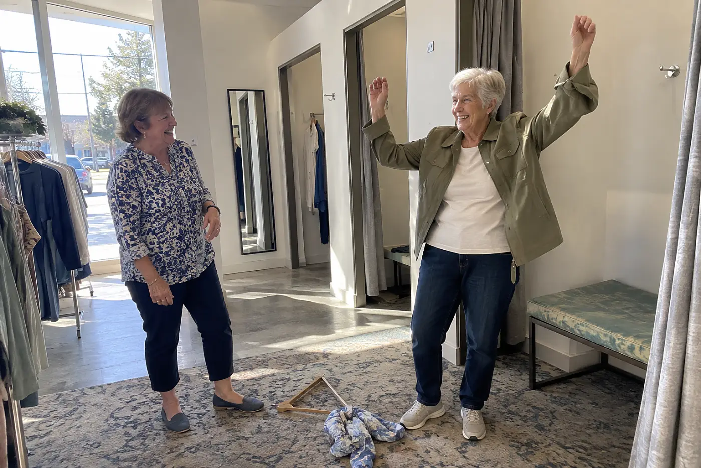 Older woman raising her arms while trying on a jacket in a store.