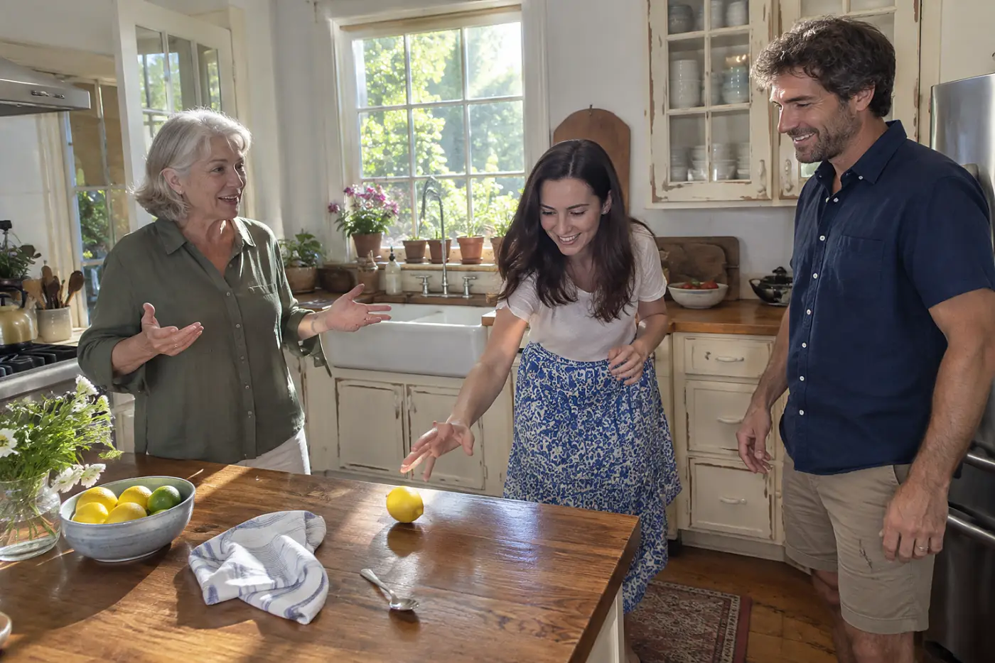 Older woman introducing herself to guests beside a kitchen counter.