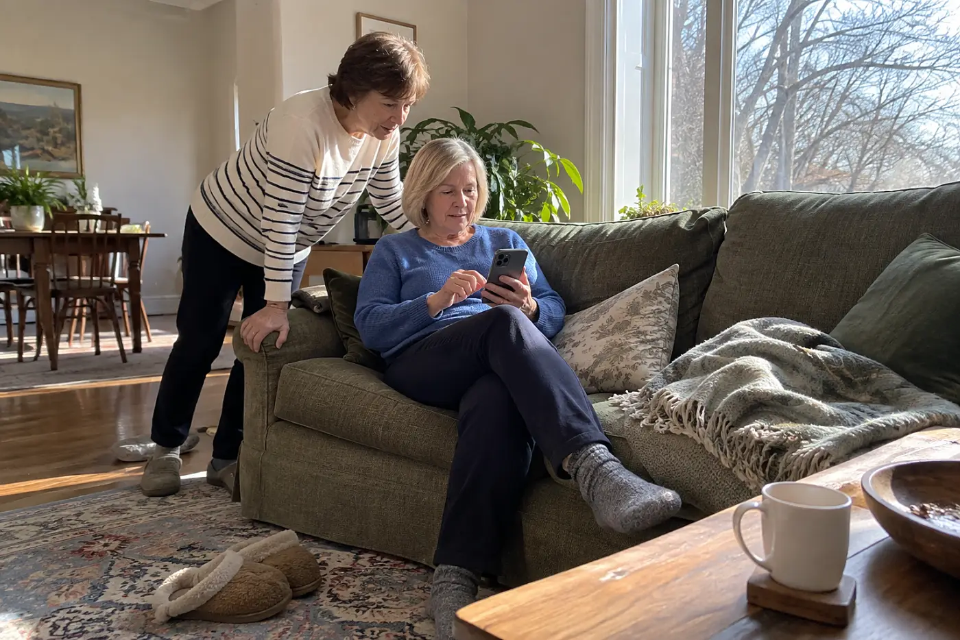 Older woman checking a group chat on her sofa.