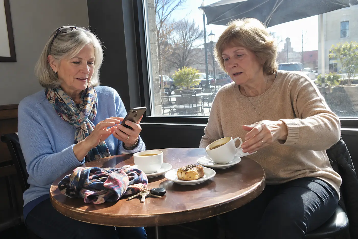 Older woman sending a message from a café table.