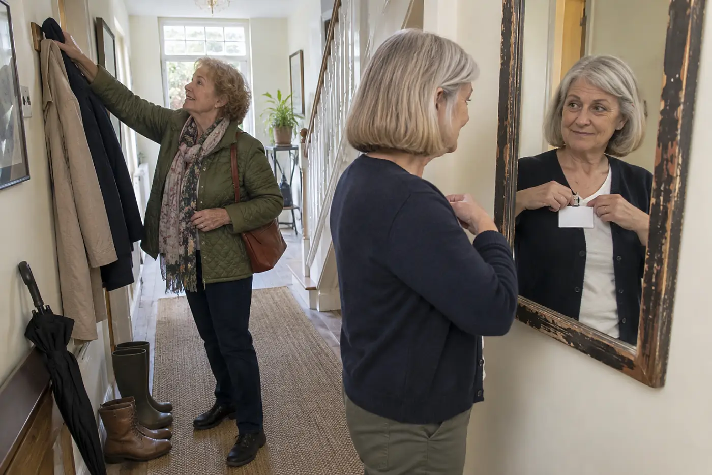 Older woman straightening her name badge in a hallway mirror.