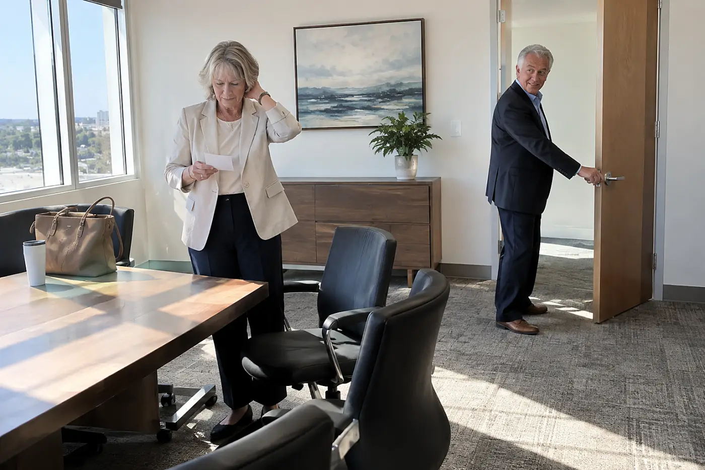 Older woman reading a prepared sentence before a meeting.