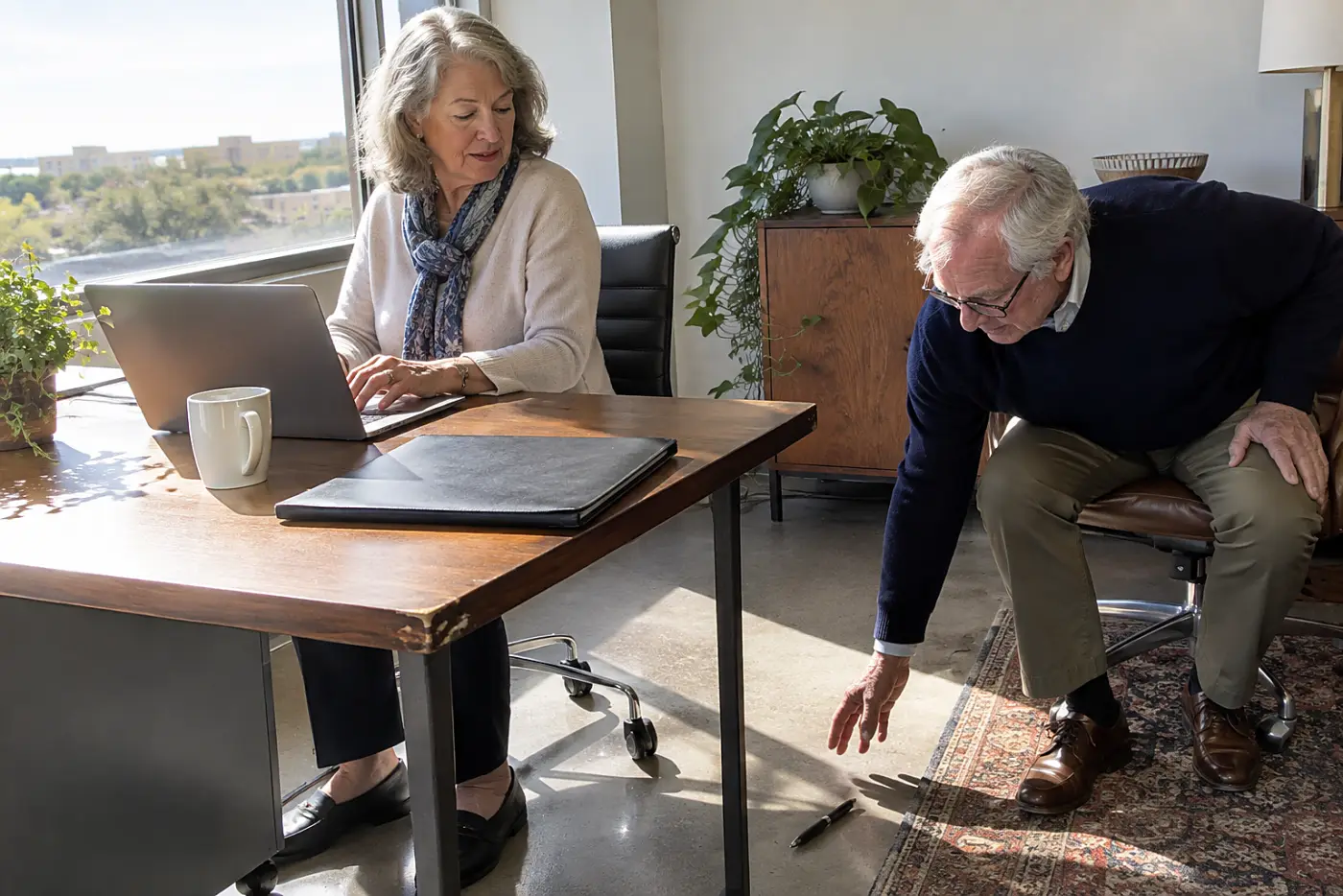 Older woman emailing an agenda request from her desk.